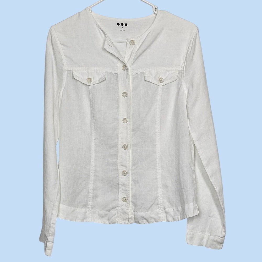 Three Dots Womens Shirt Size Small White 100% Linen Button Down Long Sleeve USA